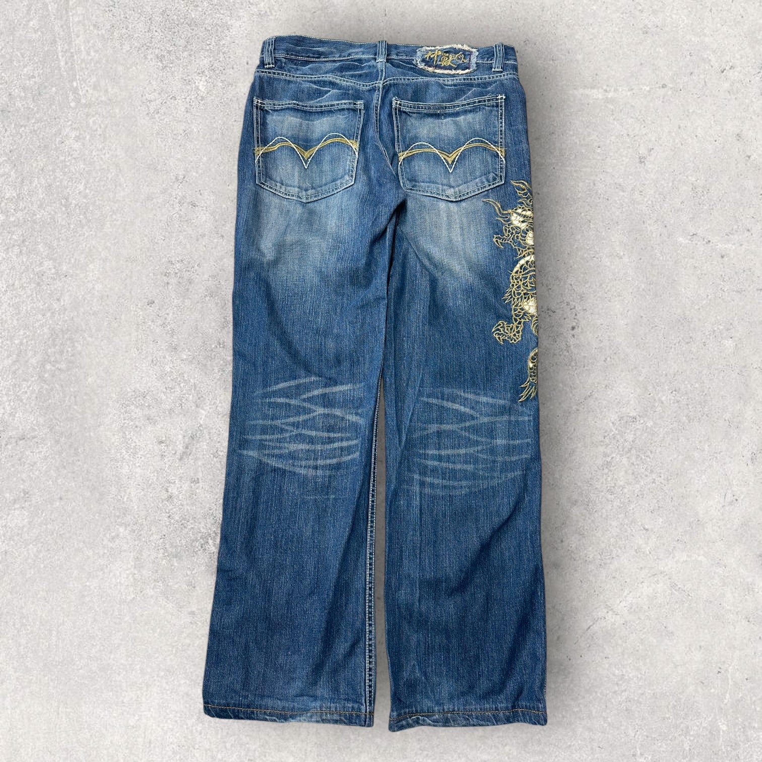 Embroidered Dragon Baggy Jeans - W32 L30