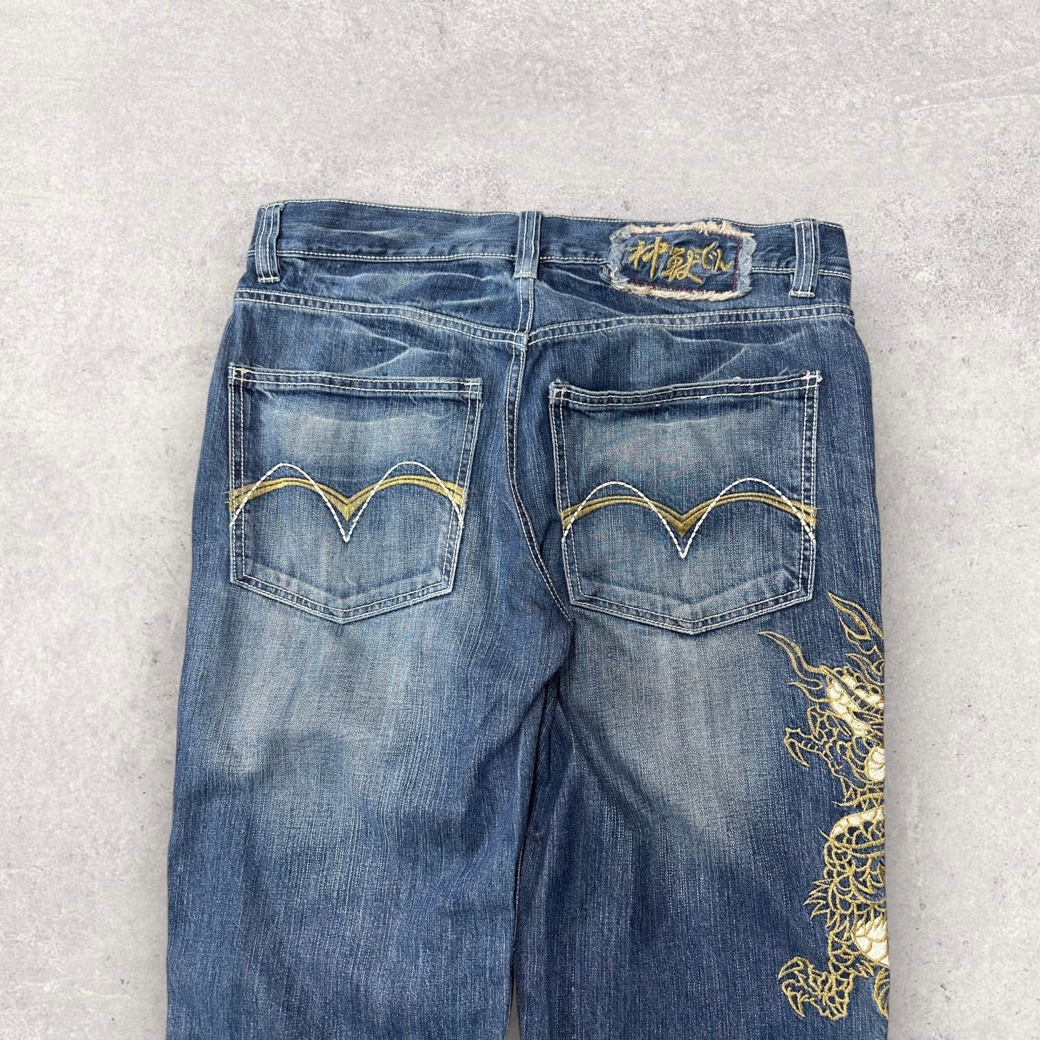 Embroidered Dragon Baggy Jeans - W32 L30